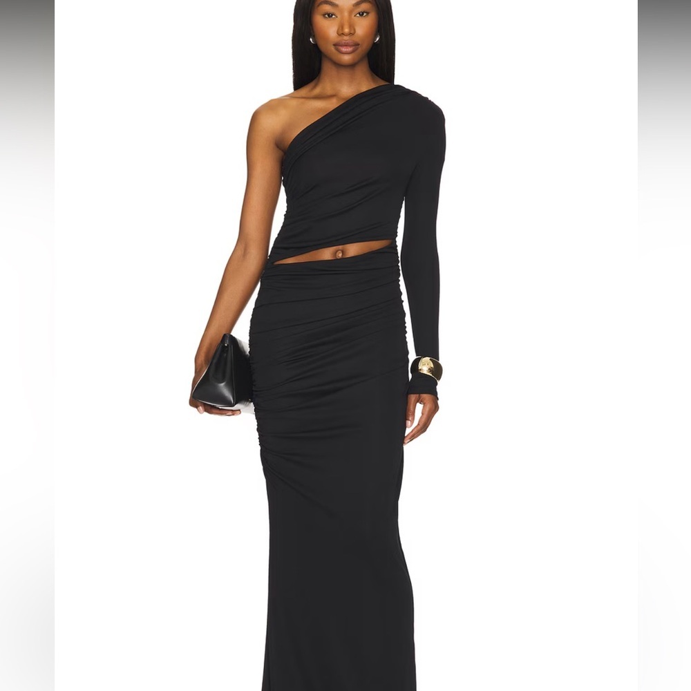 Camila Coelho Black One-Shoulder Cutout Ruched Gown